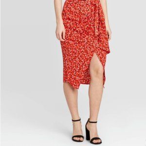 Womens Floral Faux Tie Asymmetrical Midi Skirt